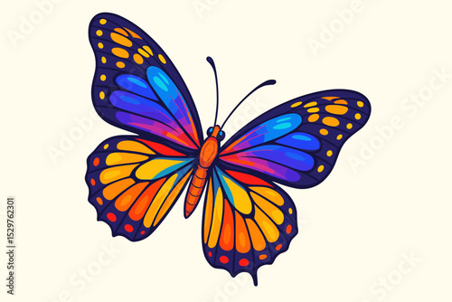Vibrant butterfly in flight vector illustration. Beautiful flying insect with colorful gradient wings. Concept for summer, nature, beauty, freedom, metamorphosis. Isolated cartoon icon.