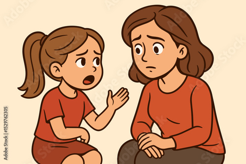 Upset girl talking to concerned mother. Family communication problem, parenting, support. Sad daughter having a difficult conversation with her mom. Child psychology vector illustration.