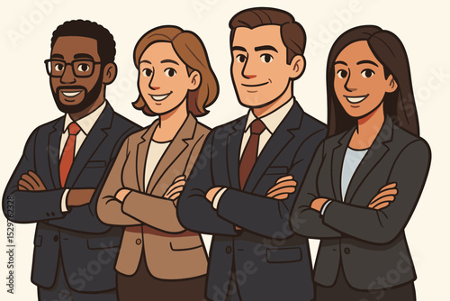 Confident multicultural business team standing together with arms crossed. Diverse group of professionals, colleagues smiling. Corporate success, teamwork, and leadership concept vector.