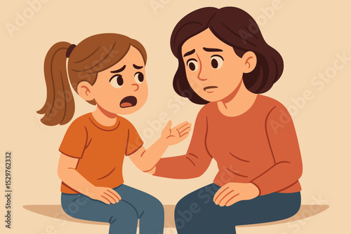 Sad daughter talking to her concerned mother. Difficult conversation, family problems, and communication concept. Parent offering support and empathy. Psychology and mental health.