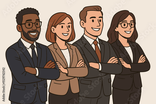 Confident diverse business team standing with arms crossed. Group of multicultural professional colleagues smiling. Concept of success, teamwork, collaboration, and corporate unity.