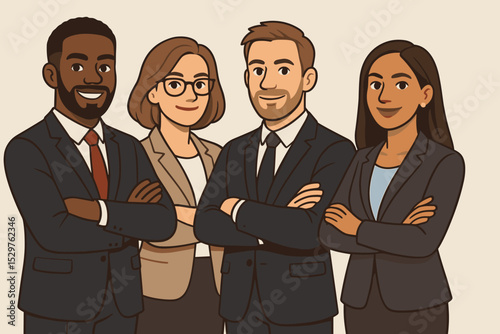 Confident diverse business team with arms crossed. Professional multiethnic group of people standing together. Vector illustration of corporate teamwork, success, and leadership.