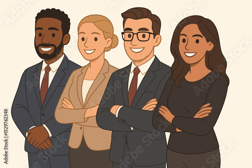 Confident diverse business team standing together. Multicultural group of professional people, men and women in suits with arms crossed. Concept of teamwork, success, and unity.