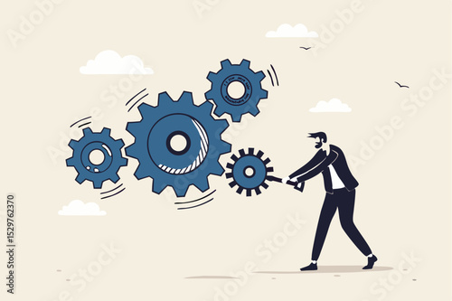 Business work flow, leadership to drive team and initiate productivity and efficiency working process concept, smart businessman manager use all his power and skill to rotate group of cogwheels gear.