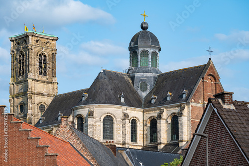 View over the old Abbey and residential houses in the village center Grimbergen, Flemish Brabant, Belgium