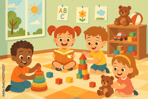 Happy diverse children playing together in kindergarten playroom. Kids reading book, building with blocks. Early childhood education, preschool activity vector illustration.