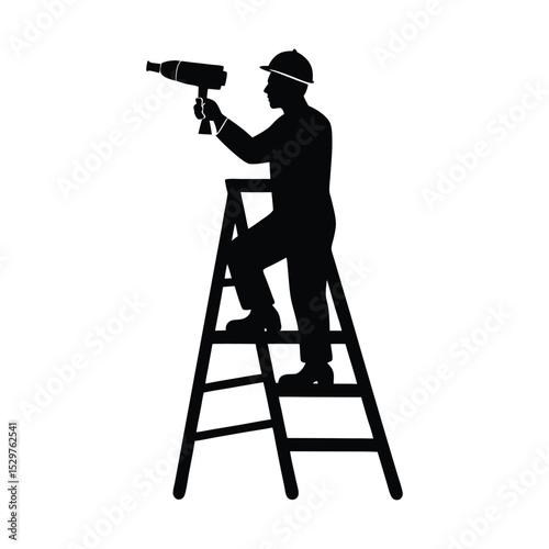 Worker on ladder with drill silhouette