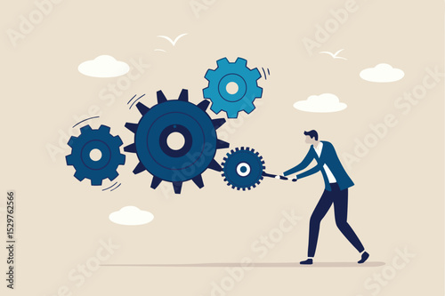 Business work flow, leadership to drive team and initiate productivity and efficiency working process concept, smart businessman manager use all his power and skill to rotate group of cogwheels gear.