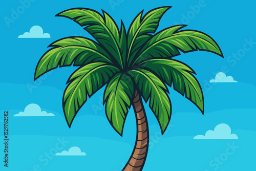 Cartoon palm tree on a blue sky background. Tropical summer vacation vector illustration. Exotic island paradise scene with clouds. Nature travel and beach holiday concept graphic.