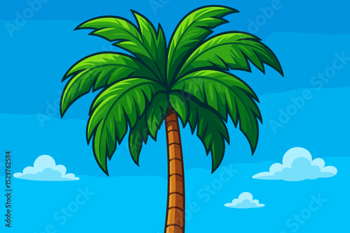Tropical palm tree vector illustration for summer vacation or travel design. Cartoon coconut tree on a paradise island with a bright blue sky and cute clouds. Exotic nature.