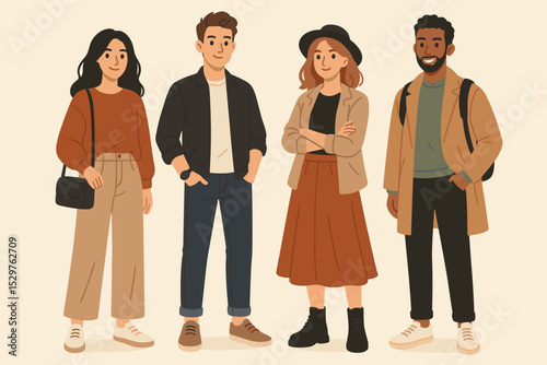 Group of diverse young people in trendy casual clothes. Multicultural friends standing together. Modern fashion illustration character set. Vector collection of stylish men and women.
