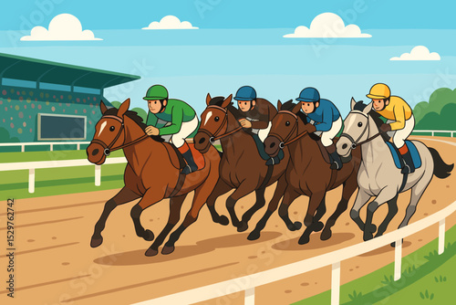 Dynamic horse racing competition vector illustration. Jockeys riding thoroughbreds in a fast-paced derby on a dirt racetrack. Equestrian sport event at a hippodrome with grandstand.