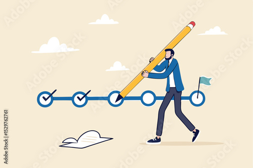 Project tracking, goal tracker, task completion or checklist to remind project progress concept, businessman project manager holding big pencil to check completed tasks in project management timeline.