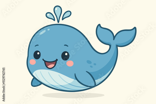 Cute whale cartoon illustration. Adorable kawaii blue whale character smiling. Happy sea animal mascot for kids. Baby marine creature with water spout for nursery decor.