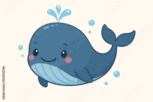 Cute blue whale cartoon character vector illustration. Adorable smiling marine animal for kids. Happy sea creature mascot with water spout and bubbles. Kawaii ocean life graphic.