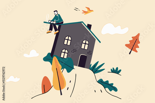 Boost productivity working from home, motivation to increase efficiency working at home in COVID-19 lock down concept, productive man worker using computer laptop on flying house with rocket booster.