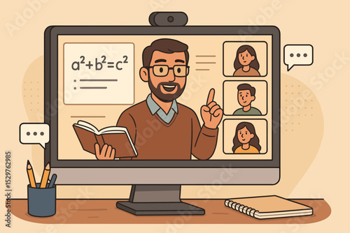Male teacher leading virtual math class with students on computer screen. E-learning, distance education, webinar, online school, homeschooling concept. Pythagorean theorem lesson.