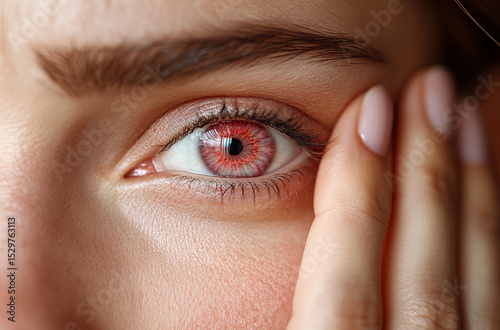 Macro image of a bloodshot eye, with details of the surrounding skin and wrinkles. Suitable for illustrating medical conditions, allergic reactions or the impact of stress and fatigue on the eyes.