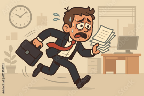 Stressed cartoon businessman running late for a deadline. Anxious office worker with briefcase and papers rushing in panic. Concept of overwork, pressure, and time management.