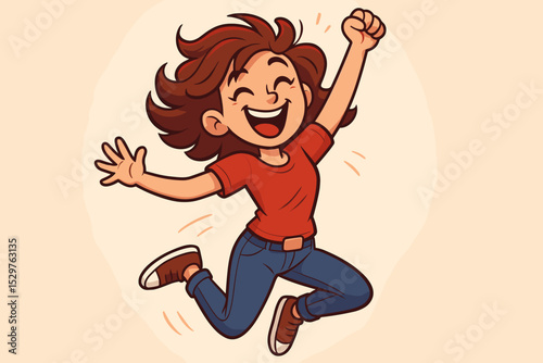 Happy cartoon woman jumping for joy. Vector illustration of an excited girl celebrating success. Cheering female character feeling energetic and victorious. Isolated graphic element.