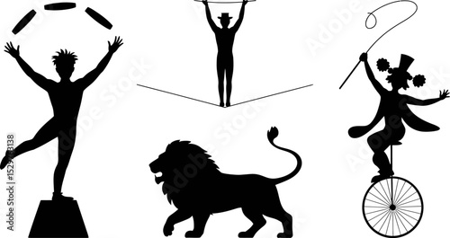Circus silhouette vector illustration with acrobat juggler clown lion and tightrope walker design art drawing editable stock vector illustration