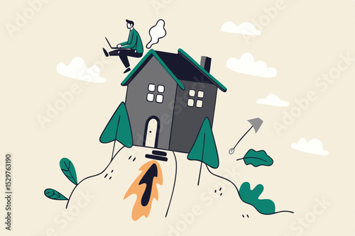 Boost productivity working from home, motivation to increase efficiency working at home in COVID-19 lock down concept, productive man worker using computer laptop on flying house with rocket booster.