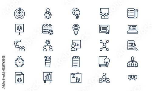 Workshop icon depicting learning session, collaborative training, and professional development in outline style
