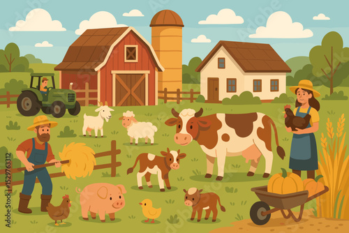 Cartoon farm scene with happy farmers, livestock animals, red barn and tractor. Agricultural vector illustration of rural countryside life with cow, sheep, pig, chicken and goat.