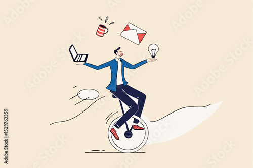 Productive master, productivity and project management skill, multitasking work and time management concept, skillful businessman riding unicycle juggling elements, laptop, calendar, ideas and emails.