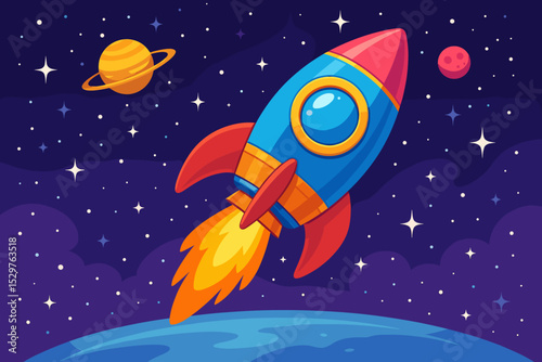 Cartoon rocket launch into space. Spaceship flying in the galaxy with planets and stars. Universe exploration and adventure concept. Vector illustration for kids and science.