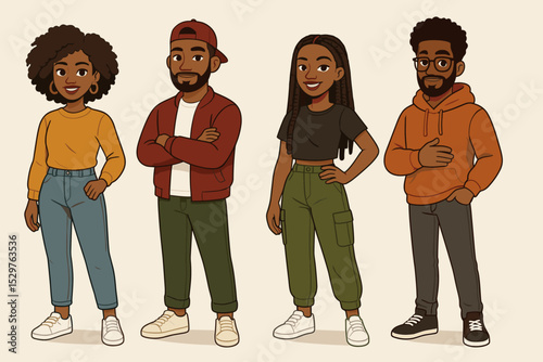 Set of stylish young African American people. Diverse group of Black men and women characters in modern casual clothes. Vector illustration of a friends community. Representation.