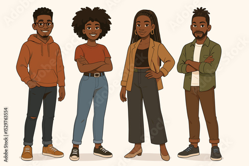 Group of stylish young Black people. African American men and women standing together. Character set for diversity and inclusion concepts. Friends or colleagues team illustration.