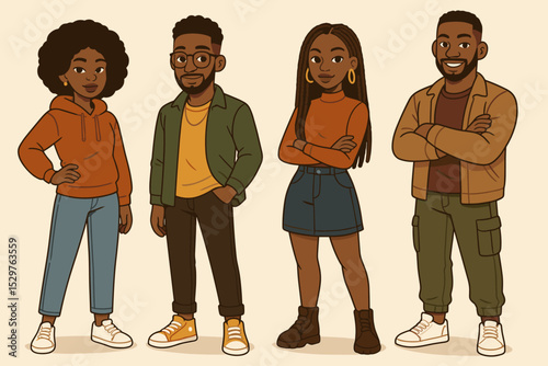 Set of stylish young Black African American people. Collection of modern men and women characters in casual fashion clothes. Diversity and representation concept vector illustration.