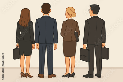 Business people group from behind. Office workers team standing together, rear view. Corporate colleagues in formal suits with briefcases. Vector illustration of professional staff.
