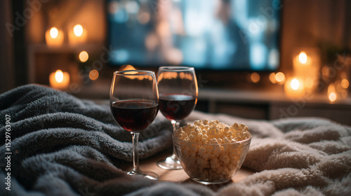 Romantic Movie Night Setup with Red Wine, Popcorn, and Cozy Blankets