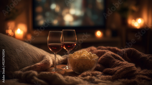 Cozy Movie Night with Red Wine and Popcorn in Warm Candlelight