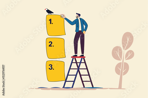Set work priority, arrange to do list which job to do before and after, task management concept, young entrepreneur businessman manage to prioritize sticky note with number first, second and third.