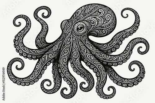 Intricate octopus illustration with ornamental patterns. Hand drawn monochrome vector doodle. Zentangle style sea animal for tattoo design, print, or coloring page concept.