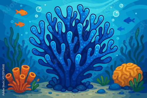 Cartoon underwater scene with vibrant blue coral, fish, and seaweed. Vector illustration of a coral reef ecosystem on the ocean floor. Marine life background for kids.