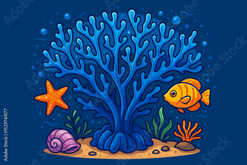 Cartoon underwater scene with vibrant blue coral reef, cute tropical fish, starfish, and shell. Vector illustration of marine life on the ocean floor. Aquatic world background.
