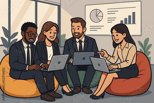Business team collaboration concept. Diverse group of colleagues in a modern office meeting, working on laptops. People sitting on beanbags discussing strategy with charts. Vector illustration.