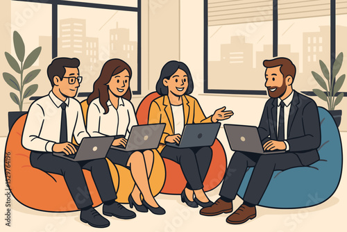 Business team collaboration in a modern office. Diverse colleagues working on laptops in a meeting. Coworkers brainstorming. Teamwork, communication, and strategy concept vector.