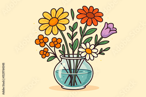 Cute cartoon flower bouquet in glass vase vector illustration. Summer floral arrangement with daisy and tulip. Isolated doodle style design for greeting cards or decoration.