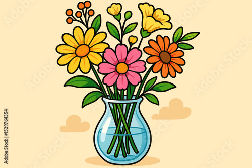 Cartoon bouquet of summer flowers in a glass vase. Cute floral arrangement with colorful daisies and leaves. Vector illustration for greeting card, decoration, or spring design.