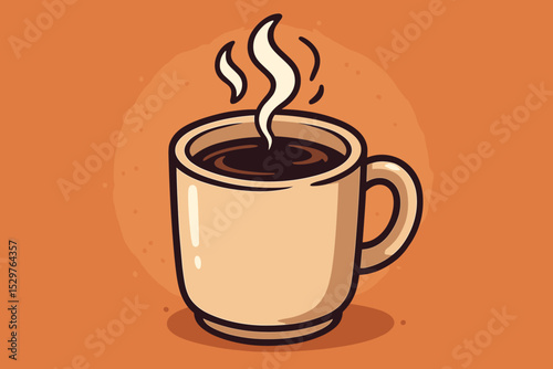 Cartoon coffee cup with steam icon. Hot drink in a mug vector illustration. Minimalist flat design for cafe menu or logo. Morning energy beverage concept, espresso americano.