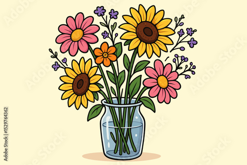 Cute cartoon bouquet of summer flowers in a glass vase. Vector illustration with sunflowers and daisies. Cheerful floral arrangement for greeting card, nature, or decoration concept.