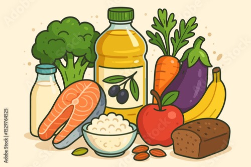 Healthy eating and balanced diet concept vector illustration. Food pyramid assortment with fresh grocery items like salmon, vegetables, fruit, olive oil, milk and whole grains.
