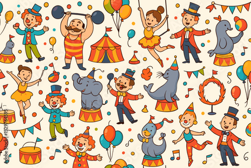 Whimsical circus seamless pattern. Cartoon background with fun characters: clown, ringmaster, strongman, acrobat, elephant. Vector design for kids birthday party, textile, wrapping paper.