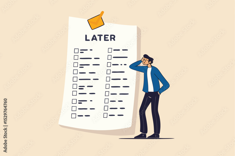 Procrastination, do it later, laziness to postpone every work tasks to later check list concept, frustrated businessman office worker look at long list of later todo list paper note pinned on the wall