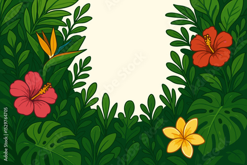 Tropical jungle frame with exotic flowers and leaves. Summer floral border background with hibiscus, frangipani, bird of paradise and monstera. Vector illustration with copy space.